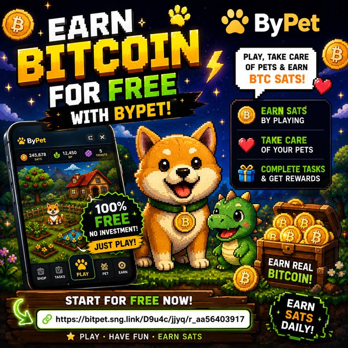 An advertisement for ByPet, a mobile app that lets users earn Bitcoin by playing, taking care of pets, and completing tasks, featuring a Shiba Inu and a green dragon.
