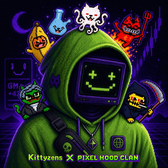 Pixel art illustration of a hooded figure with a CRT monitor face displaying a smiley, surrounded by pixel characters, labeled 'Kittyzens X PIXEL HOOD CLAN' at the bottom.