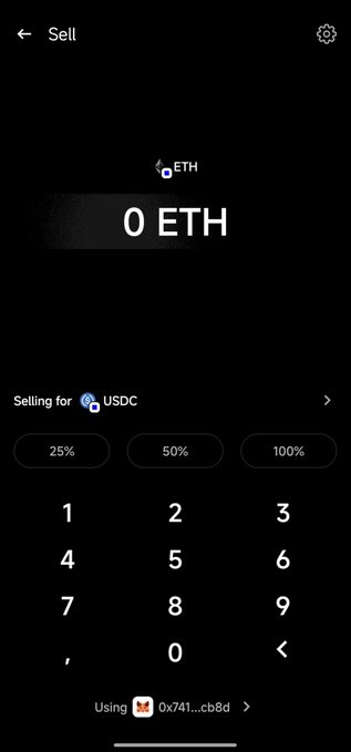 A mobile screenshot of the OpenSea app showing a "Sell" interface for swapping 0 ETH into USDC, with quick-select percentage buttons (25%, 50%, 100%) and a numeric keypad, illustrating the app's seamless token swap feature highlighted in the post.