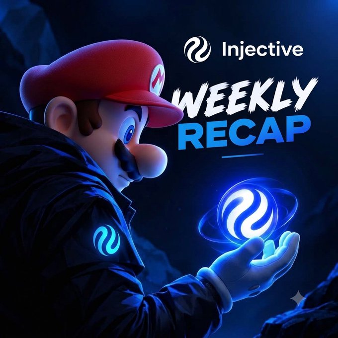 A 3D-rendered character resembling Mario in a dark jacket holds a glowing Injective orb, with 'Injective WEEKLY RECAP' text displayed.