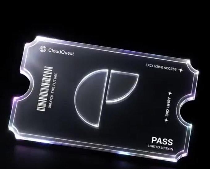 A translucent, glowing NFT pass designed for CloudQuest, featuring the text "EXCLUSIVE ACCESS," "UNLOCK THE FUTURE," "ADMIT ONE," and "PASS - LIMITED EDITION" alongside a central circular logo and barcode. The image visually represents the limited edition CloudQuest access pass being given away for free in the accompanying post.