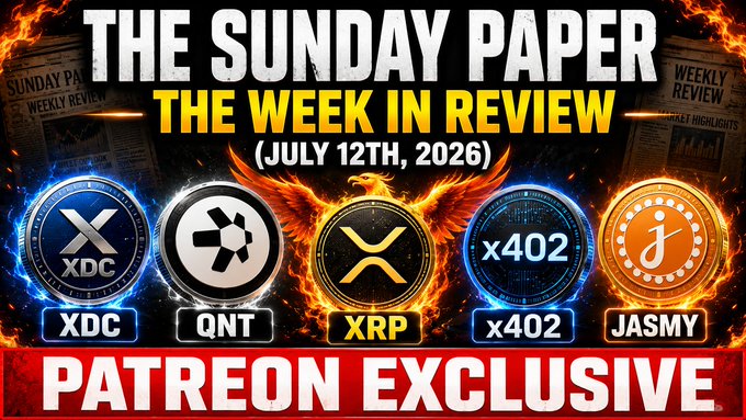 A promotional graphic for 'THE SUNDAY PAPER THE WEEK IN REVIEW (JULY 12TH, 2026)' featuring cryptocurrency tokens XDC, QNT, XRP, x402, and JASMY, marked as 'PATREON EXCLUSIVE'.