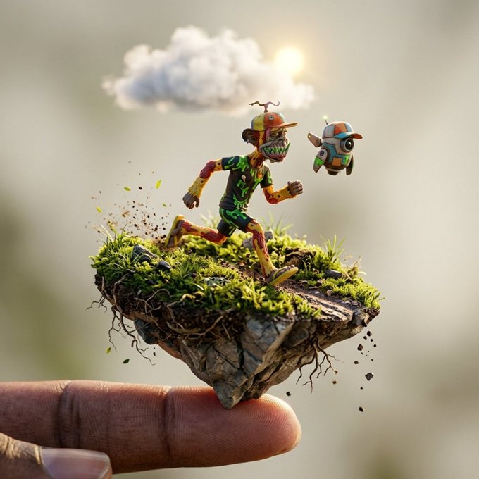 A tiny, colorful zombie-like figure wearing a cap runs across a floating moss-covered rock held on a fingertip, chasing a small companion hovering beside him under a bright sun and puffy cloud. The whimsical scene captures the playful, chaotic spirit of a Bored Ape-style character on the run.