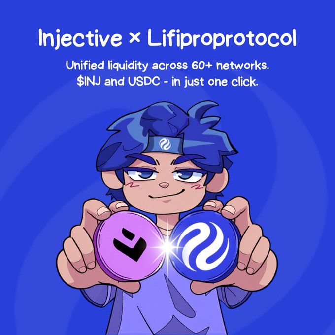 A blue-themed promotional illustration announces the "Injective x Lifiprotocol" partnership, with a smiling anime-style character holding two glowing medallions—one purple with an "L" logo for Lifiprotocol and one blue with the Injective swirl logo—highlighting the "Unified liquidity across 60+ networks" and one-click bridging of $INJ and USDC mentioned in the announcement.