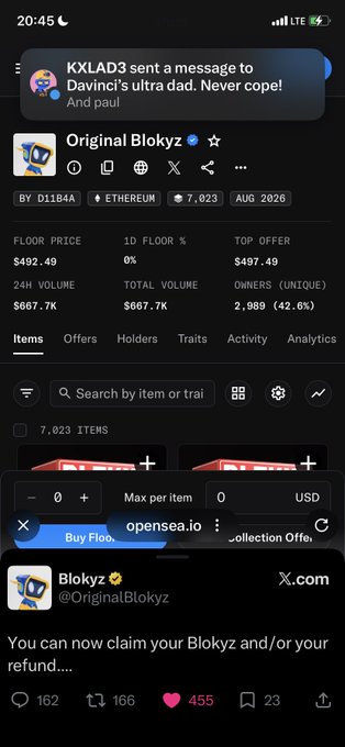 A mobile screenshot of the 'Original Blokyz' NFT collection page on OpenSea, showing a floor price of 0.199 ETH and a tweet from @OriginalBlokyz about claiming Blokyz.