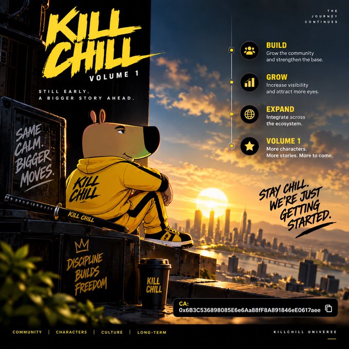 A promotional graphic for 'KILL CHILL VOLUME 1' featuring a bear in yellow, with 'STAY CHILL. WE'RE JUST GETTING STARTED.' and roadmap items BUILD, GROW, EXPAND.