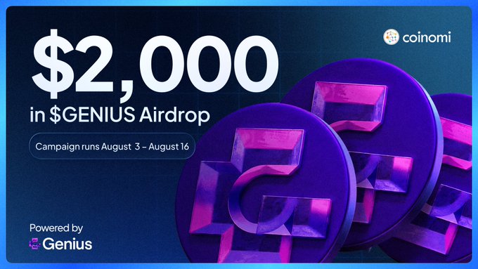 A Coinomi promotional banner advertising a $2,000 $GENIUS token airdrop running from August 3–16, featuring large purple 3D coins with the "G" Genius logo against a dark background. The image reinforces the post's urgency to complete the airdrop tasks on Coinomi before the campaign ends.
