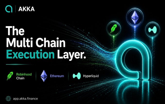 A promotional graphic for AKKA, 'The Multi Chain Execution Layer,' featuring logos for Robinhood Chain, Ethereum, and Hyperliquid, with website app.akka.finance.