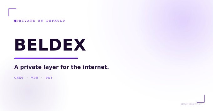 A sleek promotional banner for Beldex with the tagline "PRIVATE BY DEFAULT," branding it as "A private layer for the internet" offering CHAT, VPN, and PAY services, tagged with @BeldexCoin. The image visually introduces Beldex's privacy-focused ecosystem, which the accompanying post highlights through its clever Beldex Name Service (BNS) that simplifies hex wallet addresses into readable names like "beldex.bdx."