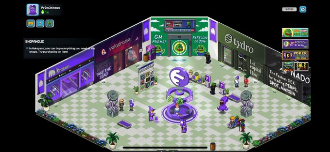 An isometric pixel-art virtual marketplace/storefront scene labeled "SHOPAHOLIC" with various shop stalls including "Vidodrome", "Crypto Miners Guild", and "Hydra", featuring a user profile "P1o0r3t0rus" at the top.