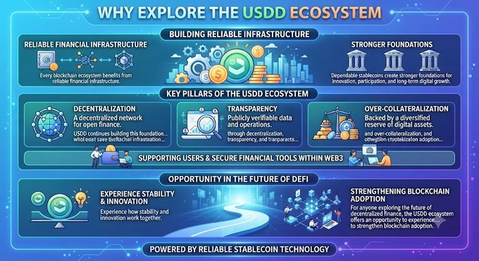 Infographic titled 'WHY EXPLORE THE USDD ECOSYSTEM' highlighting decentralization, transparency, over-collateralization, and DeFi opportunities.