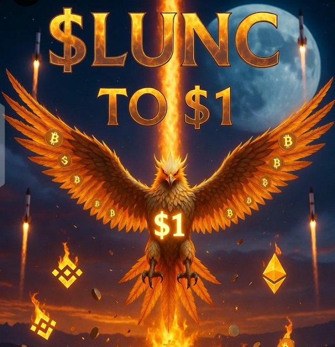 A fiery phoenix rises from flames beneath the bold text "$LUNC TO $1," surrounded by rockets, Bitcoin symbols, and crypto emblems, symbolizing Terra Classic's aspirational comeback from its 2022 collapse—as the post emphasizes the burning efforts (like Binance's 88+ billion LUNC burn) driving its revival hopes.