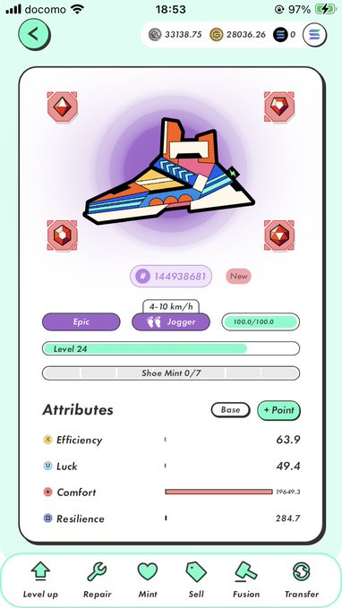 A mobile game screen showing an 'Epic' level 24 'Jogger' shoe with attributes including Efficiency 63.9, Luck 49.4, Comfort 19649.3, and Resilience 284.7.
