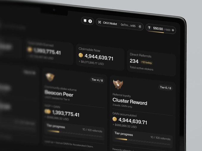 A close-up of a laptop screen shows an OKX Wallet dashboard with a token address '0x7m...tr85', displaying claimable amounts of $4,944,639.71, 234 direct referrals, and tier progress for 'Beacon Peer' (Tier 4/8) and 'Cluster Reward' (Tier 6/8).