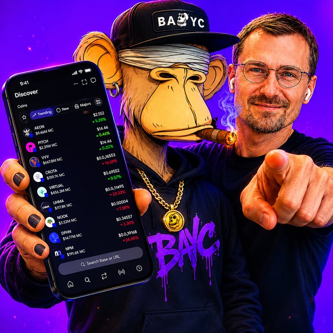 The image depicts a man wearing a banana hat and a beanie with a "BAC" logo, holding up an iPhone displaying cryptocurrency trading options, such as bitcoin and bac. The other person is pointing towards these offerings and smiling. A caption below the image reads, "Happy morning @base lovers Trade on @baseapp Swap on BaseApp Raffer on BaseApp So, build on Base @jessepollak". This combination of elements indicates a humorous or playful portrayal of cryptocurrency trading using cartoon characters as visual aids for users.