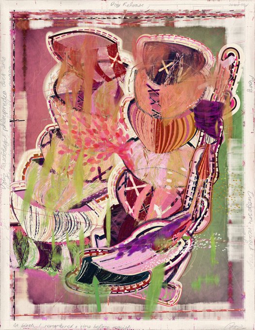 An abstract mixed-media artwork featuring layered pink, green, and purple organic shapes with hand-drawn stitching lines, 'X' marks, and handwritten text along the borders including 'Day Release' at the top.