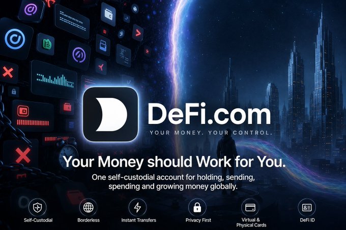 An advertisement for DeFi.com featuring the tagline 'Your Money should Work for You' and 'One self-custodial account for holding, sending, spending and growing money globally,' highlighting features like Borderless, Instant Transfers, Privacy First, and DeFi ID.