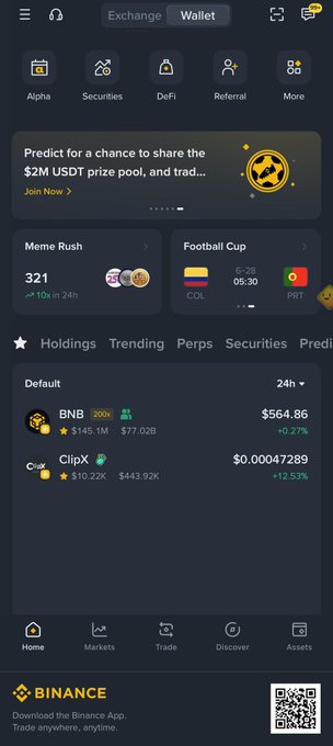 A screenshot of the Binance Wallet interface showcasing navigation tabs like Alpha, Securities, DeFi, and Referral, along with a Holdings list featuring BNB at $564.86 (+0.27%) and ClipX, while promoting a World Cup prediction contest with a $2M USDT prize pool. The image visually supports the post's emphasis on Binance's Web3 Wallet as a one-stop super app combining crypto trading, Alpha, TradeFi, memes, predictions, and campaigns in a single dashboard.