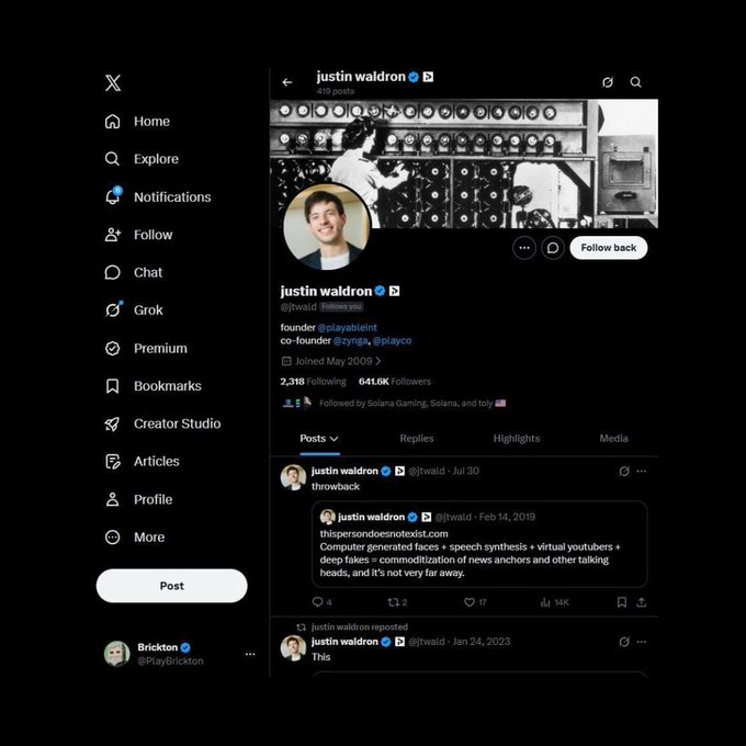 The image shows a X (Twitter) profile page for Justin Waldron (@jtwald), co-founder of Playco and Solana-based gaming companies, displaying 412 posts, 2,318 following, and 641.6K followers. The visible posts reference AI-generated news anchors from 2019 and a repost from January 2023, which appear unrelated to the accompanying post promoting $BRICK as a Solana gaming token near 3x gains.