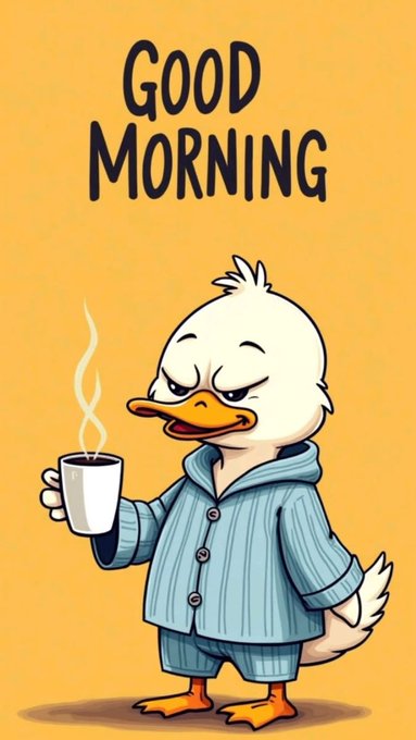 A cartoon duck with a grumpy expression wears blue striped pajamas and holds a steaming white mug, with the text "GOOD MORNING" written above on a yellow background.