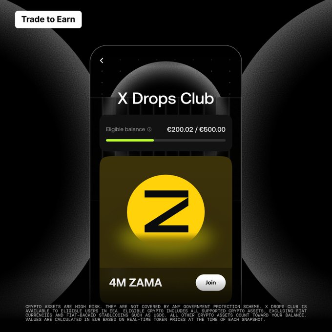A mobile app screen titled 'X Drops Club' with a 'Trade to Earn' banner showing an eligible balance of €200.02/€500.00 and a 4M ZAMA token offer with a 'Join' button.