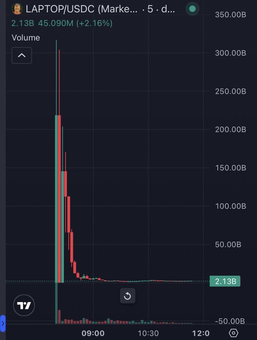 A trading chart titled 'LAPTOP/USDC' shows volume data peaking at 300.00B and a price of 45.090M (+2.16%).