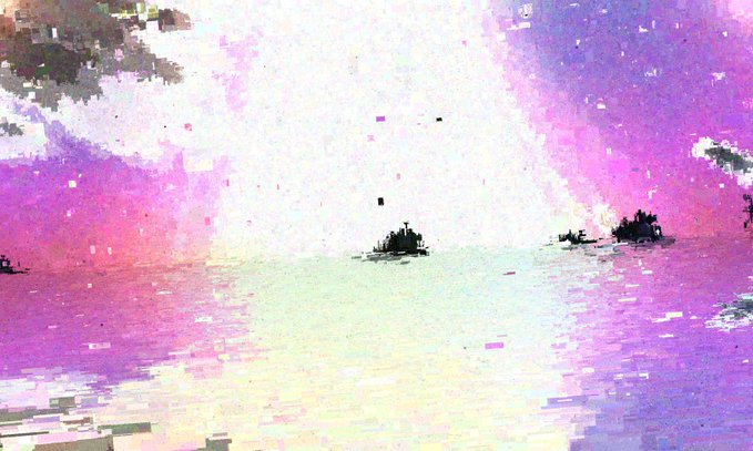 An abstract digital artwork or glitch-style image with pixelated pastel tones of pink, purple, and cream, depicting a hazy horizon with dark silhouettes.