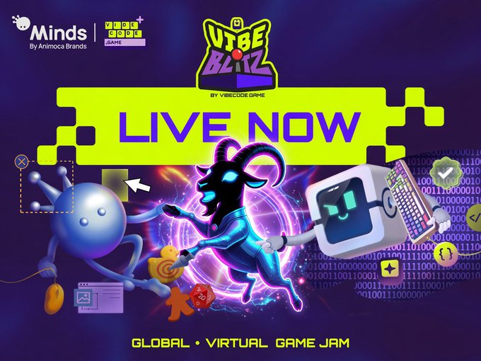 A promotional banner for 'VIBE BLITZ' by 'VIBECODE GAME' reading 'LIVE NOW' and 'GLOBAL • VIRTUAL GAME JAM,' featuring cartoon characters and a 'Minds By Animoca Brands' logo.
