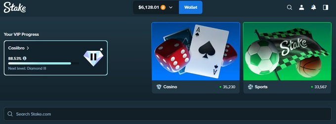 The image shows a Stake.com VIP dashboard for user "Casiibro" at 88.53% Diamond II progress, with a balance of $6,128.01 and betting categories for Casino (35,230) and Sports (33,567), supporting the post's promotion of a $20 to win wager on Stake.