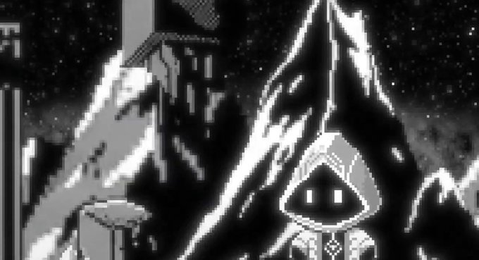 A pixelated black-and-white scene featuring a hooded figure with glowing eyes standing before dramatic, jagged mountains beneath a starry sky.
