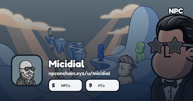 A webpage for 'Micidial' on npconchain.xyz showing a cartoon scene with NPCs and PCs, including a prominent NPC character with star-shaped glasses on the right side.
