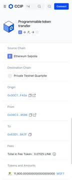 CCIP (Cross-Chain Interoperability Protocol) interface showing a programmable token transfer from Ethereum Sepolia to a Private Testnet Quarzite, involving 11,900 USDFC tokens with 0.01125 LINK fee.