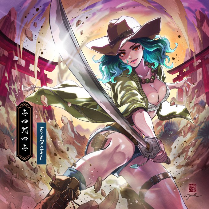An anime-style illustration of a female warrior with teal hair wearing a cowboy hat and wielding a large sword, with Japanese text on the left side.