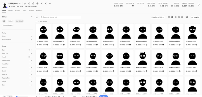 A screenshot of the Lil Monos NFT collection webpage, displaying a grid of black, minimalist cartoon-style avatars with various traits like Eyes, Mouth, and Headwear listed on the left sidebar.
