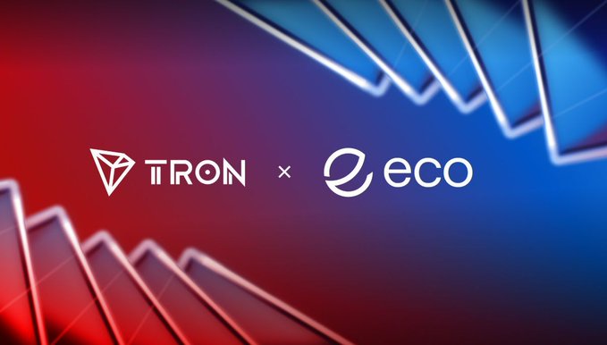 A partnership announcement graphic displaying the TRON and eco (eco.com) logos side by side against a red and blue gradient background with geometric shapes.