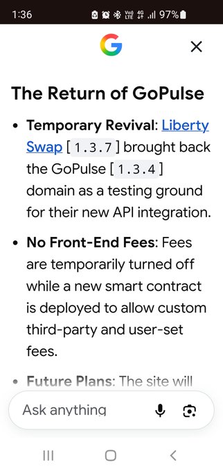 A Google search results screen titled 'The Return of GoPulse' detailing temporary revival plans, no front-end fees, and future plans related to the GoPulse domain.