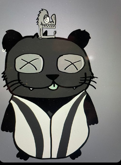 The image features a cartoon panda wearing a striped shirt, standing against a gray background with a caption that reads "GN CT Be on the look out for @Gregpandanft The Art is and I think the Frenchies founder is a partner. You know BAYC isn'n a joke. Be ready for it and join in early".