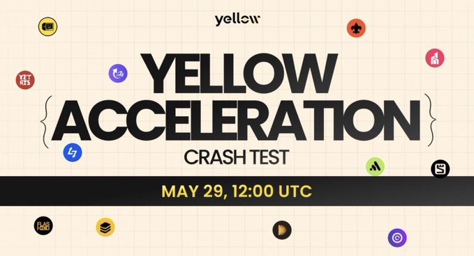 The image features a poster for a Yellow Acceleration Crash Test event that will take place at May 29th, 12:00 UTCT. The poster includes various icons related to the event, such as a yellow "Y" symbolizing the acceleration theme and a black "C" signifying the crash test aspect of the event. There are also several other icons scattered throughout the image, including a camera icon, a phone icon, and a book icon. The text on the poster reads "Yellow Acceleration Crash Test", indicating that this is an event related to testing and development in the yellow acceleration space.
