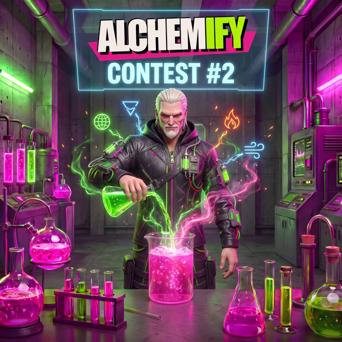 A vibrant digital illustration features a white-haired man in a leather jacket pouring a glowing pink potion in a laboratory, with the text 'ALCHEMIFY CONTEST #2' at the top.