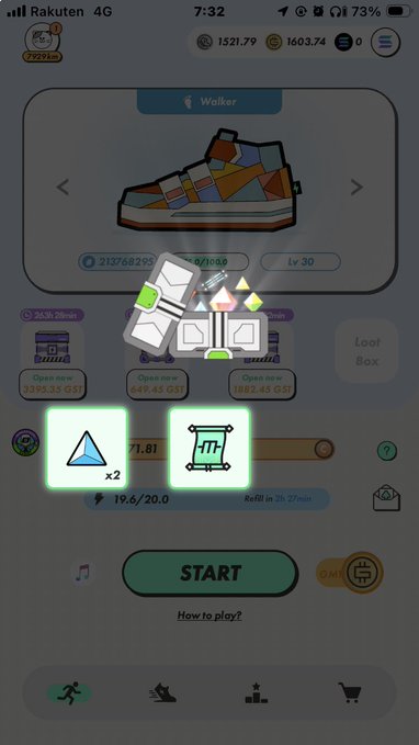 The image shows a cell phone screen displaying a game that involves collecting sneakers by playing different games within a specific time frame. There are two sneakers displayed, one with blue, orange, and white colors and another with brown and green hues. The game is set against a light-colored background, and the user is interacting with an advertisement for the game that features triangles, buttons, and other gameplay elements.