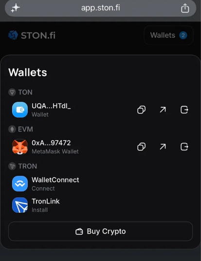 STON.fi app (app.ston.fi) wallet selection screen showing connected wallets across TON (UQA...HTdL), EVM (MetaMask 0xA...97472), and TRON (WalletConnect, TronLink).
