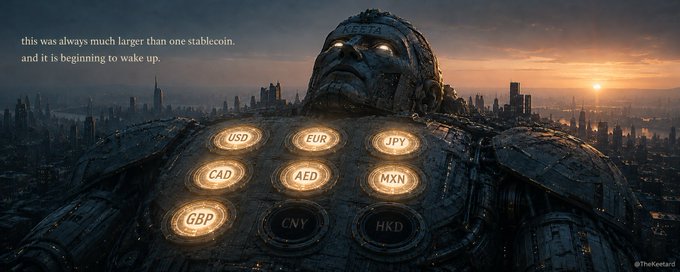 A promotional image featuring a giant robot over a city skyline with currency symbols (USD, EUR, JPY, CAD, AED, MXN, GBP, CNY, HKD) on its chest, with text reading 'this was always much larger than one stablecoin, and it is beginning to wake up.' by @TheKretard.