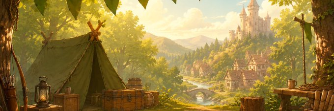 A medieval fantasy scene featuring a tent, lantern, and castle in the distance, paired with an animated giveaway announcement for "7GTD" by @therobinhoodxyz, where 3,333 supply tokens are being given away for 0.001 ETH mint price in exchange for social media engagement.