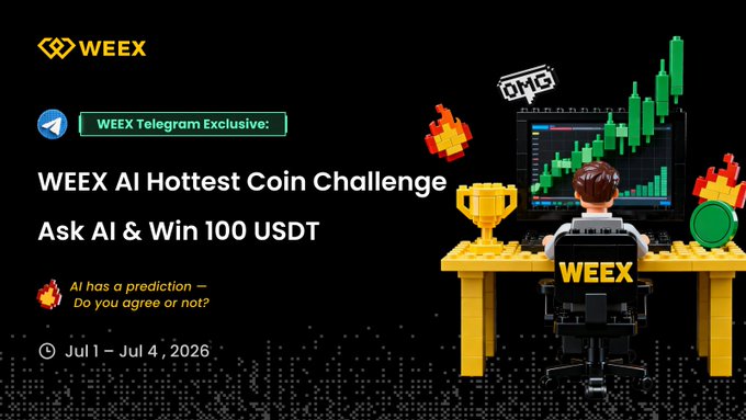 A promotional banner for the "WEEX AI Hottest Coin Challenge" running July 1–4, 2026, featuring a 100 USDT prize pool where users submit AI predictions on the day's hottest coin, with the post's fiery AI coin-picking theme matching the image's "OMG" chart figure and flame graphics.