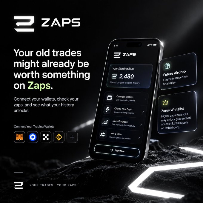 An advertisement for an app called 'ZAPS' featuring a smartphone displaying a dashboard with 'Your Starting Zaps 2,480', 'Future Airdrop', and 'Zerus Whitelist' cards.