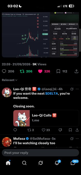 A mobile app screenshot showing a Bitcoin price chart on Decentralized.Coin, with social posts including one from @laoqi noting 'Closing soon' for Lao-Qi Calls.