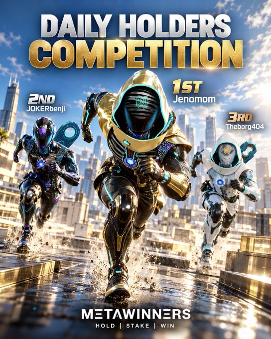A promotional graphic for a 'DAILY HOLDERS COMPETITION' at MetaWinners, featuring three futuristic armored runners with the 1st place winner Jenomoj, 2nd place JOKERBenji, and 3rd place Theborg404.