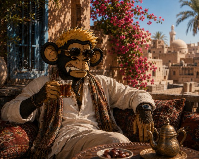 A monkey character with blonde hair and sunglasses holds a small glass of tea while sitting on ornate cushions in a Middle Eastern-style setting with a brass teapot nearby.