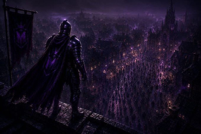 A dark, atmospheric illustration of an armored figure with a purple cape standing on a stone ledge, overlooking a shadowy city filled with a marching army under a purple sky.