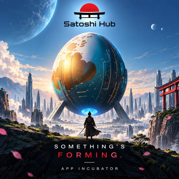 A promotional poster for 'Satoshi Hub - App Incubator' featuring a samurai figure standing before a futuristic sphere and cyberpunk cityscape, with text reading 'SOMETHING'S FORMING.'